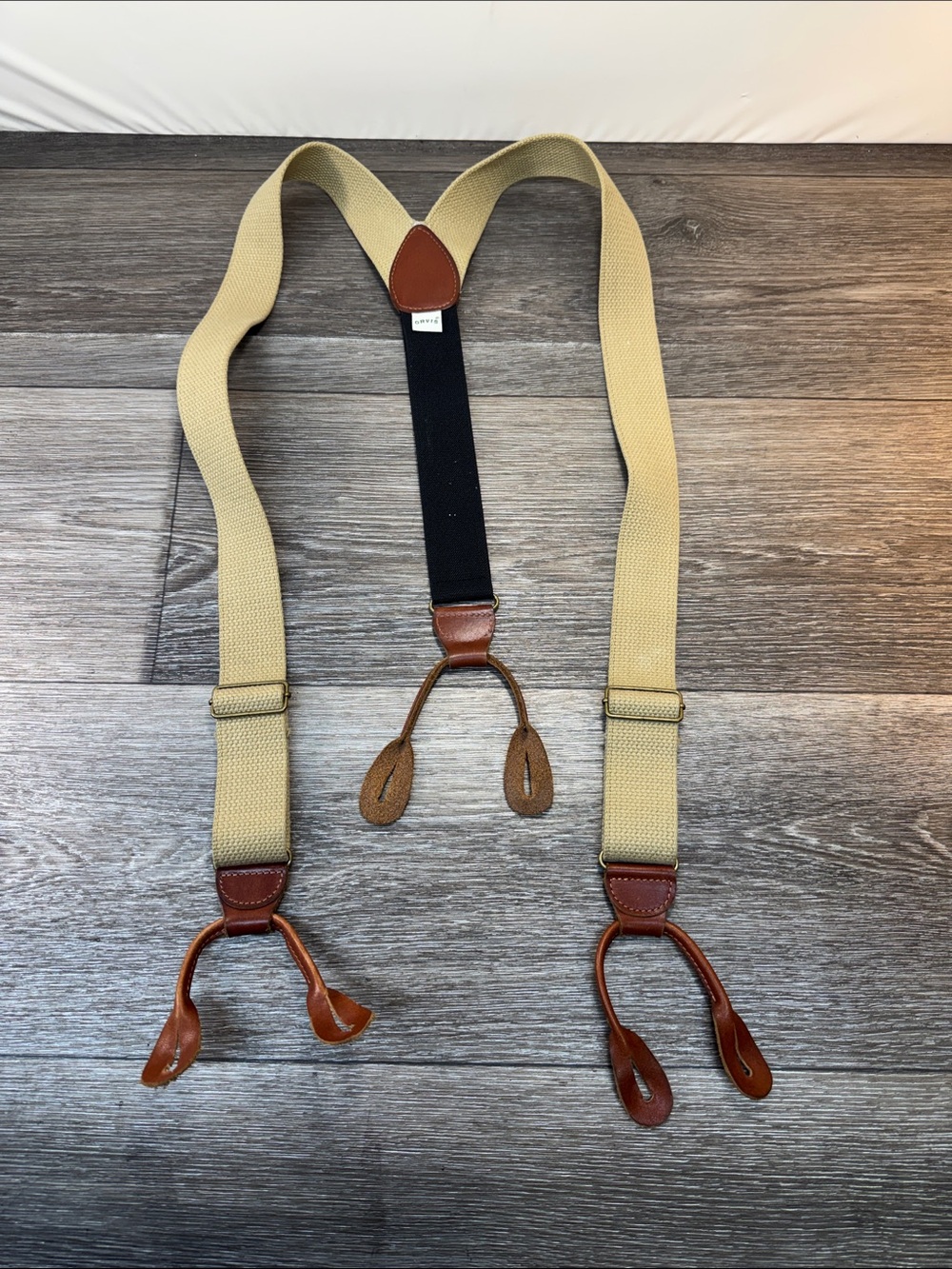 Vintage Orvis Men's Beige Canvas and Brown Leather Suspenders